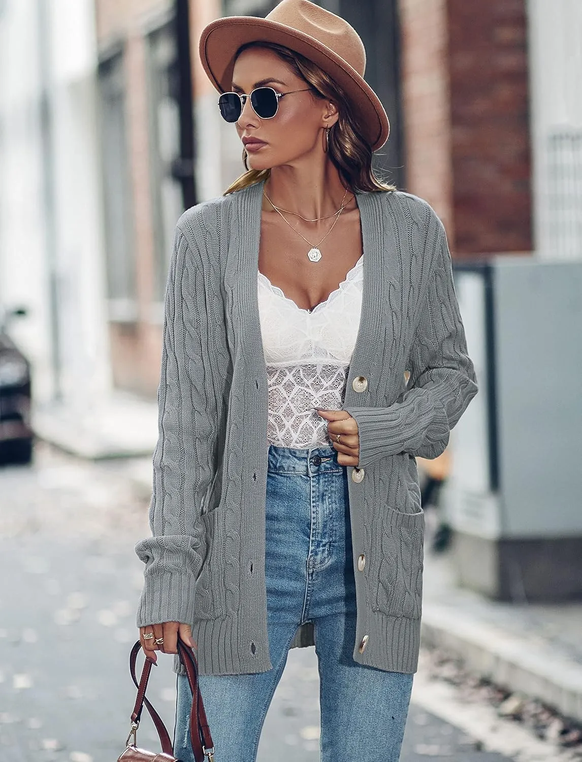 MEROKEETY Women's 2025 Long Sleeve Cable Knit Button Cardigan Sweater Open Front Outwear Coat with Pockets