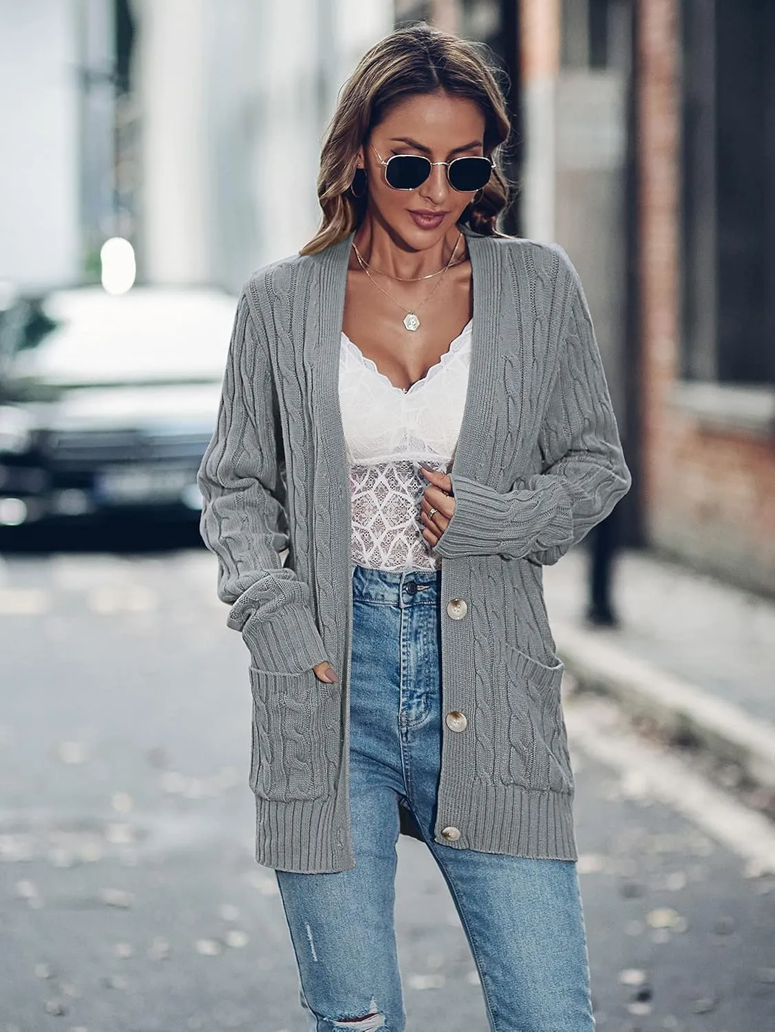 MEROKEETY Women's 2025 Long Sleeve Cable Knit Button Cardigan Sweater Open Front Outwear Coat with Pockets