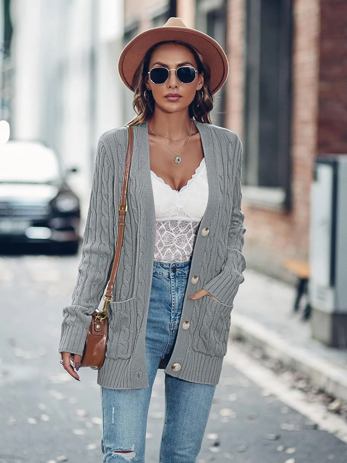 MEROKEETY Women's 2025 Long Sleeve Cable Knit Button Cardigan Sweater Open Front Outwear Coat with Pockets