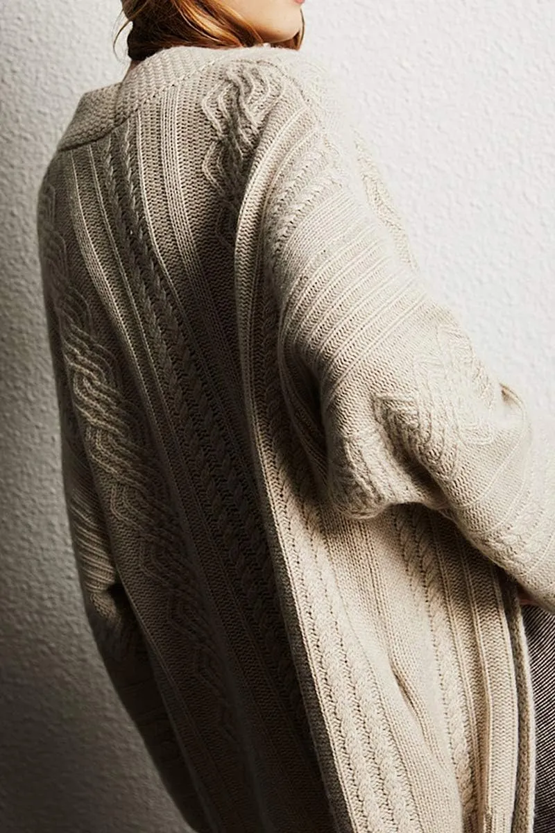 Mid-Length Merino Wool Blend Open Cardigan Long Sleeve Cable Knitted Sweater for Women