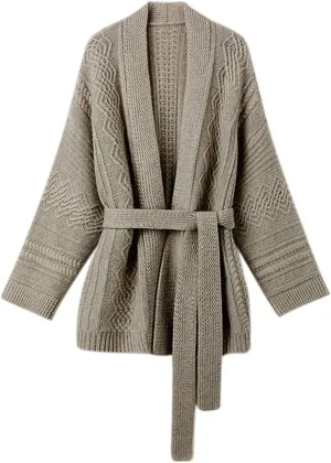 Mid-Length Merino Wool Blend Open Cardigan Long Sleeve Cable Knitted Sweater for Women