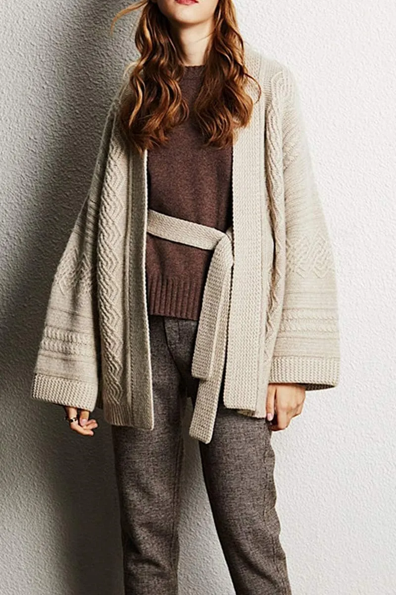 Mid-Length Merino Wool Blend Open Cardigan Long Sleeve Cable Knitted Sweater for Women