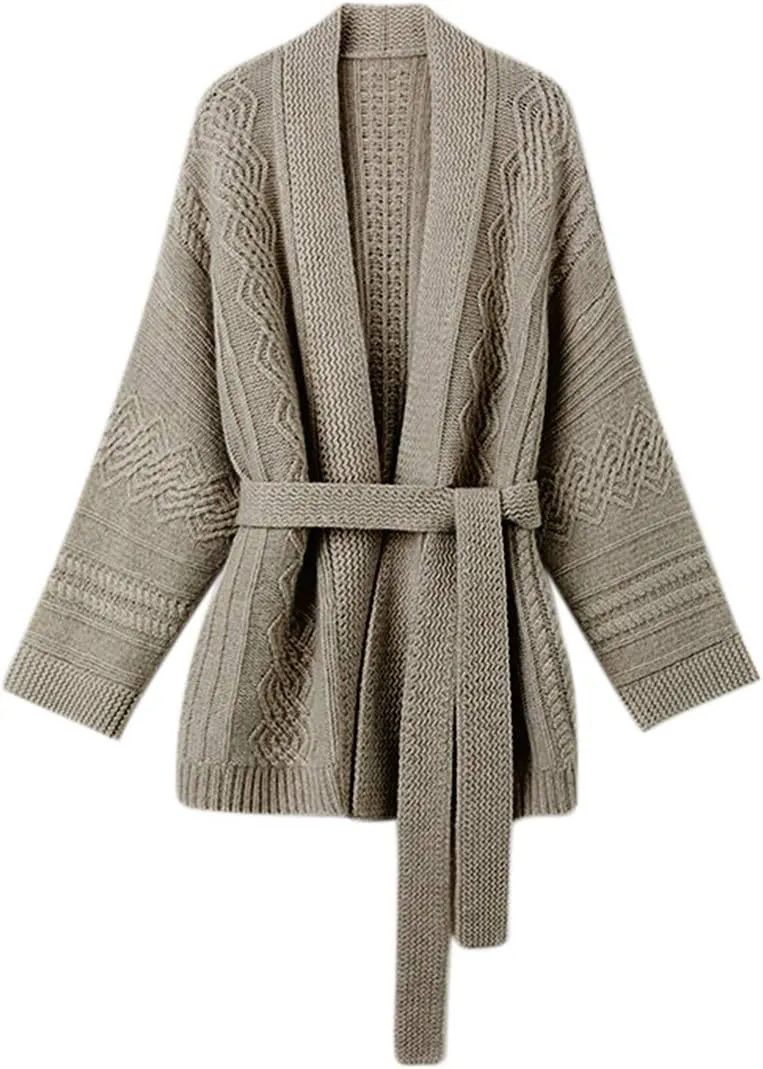 Mid-Length Merino Wool Blend Open Cardigan Long Sleeve Cable Knitted Sweater for Women
