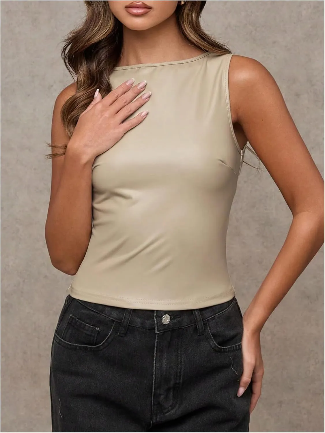 Milumia Women's Faux Leather Tank Top Shirt Ruched Fitted Going Out Tops