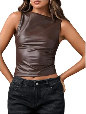 Milumia Women's Faux Leather Tank Top Shirt Ruched Fitted Going Out Tops