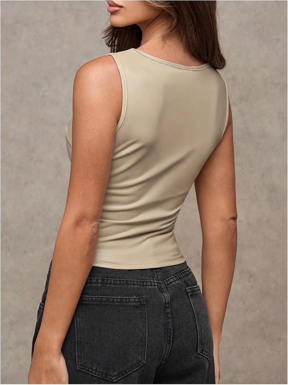 Milumia Women's Faux Leather Tank Top Shirt Ruched Fitted Going Out Tops