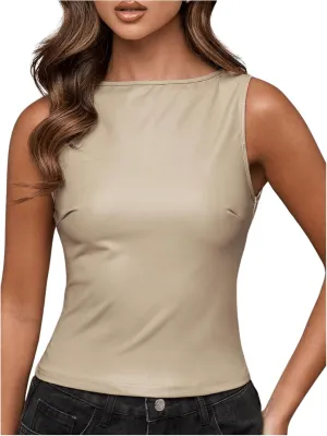 Milumia Women's Faux Leather Tank Top Shirt Ruched Fitted Going Out Tops
