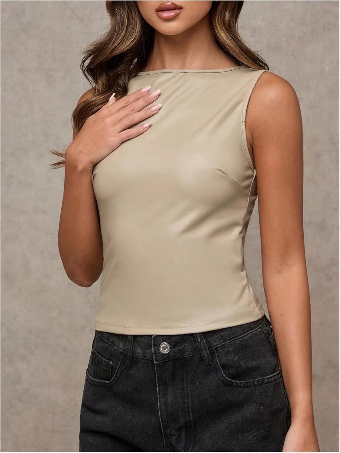 Milumia Women's Faux Leather Tank Top Shirt Ruched Fitted Going Out Tops
