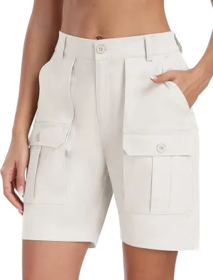 MoFiz Women's Cargo Bermuda Shorts Long Cotton Hiking Twill Chino Shorts Elastic Waist for Summer Casual Golf Travel Outdoor