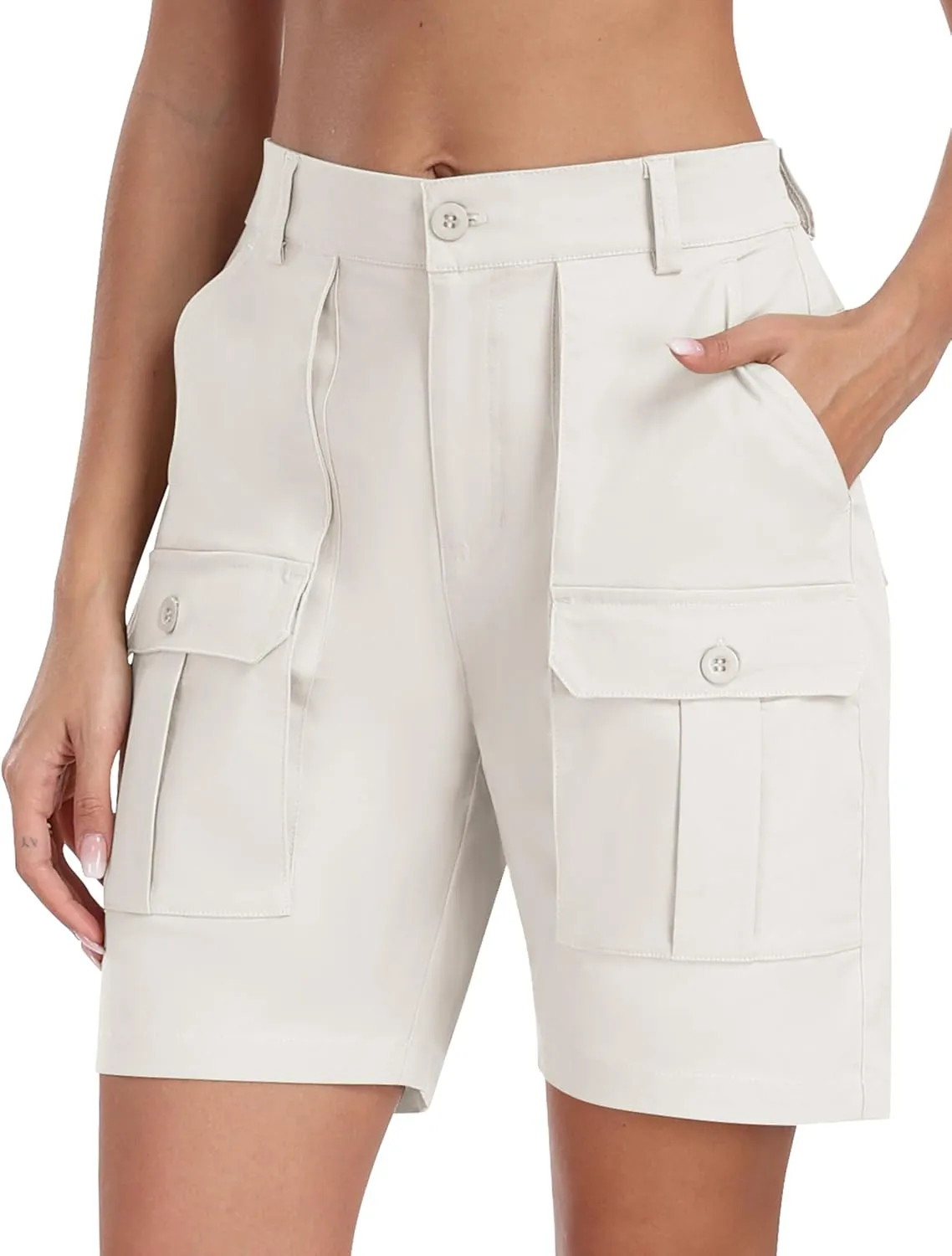MoFiz Women's Cargo Bermuda Shorts Long Cotton Hiking Twill Chino Shorts Elastic Waist for Summer Casual Golf Travel Outdoor