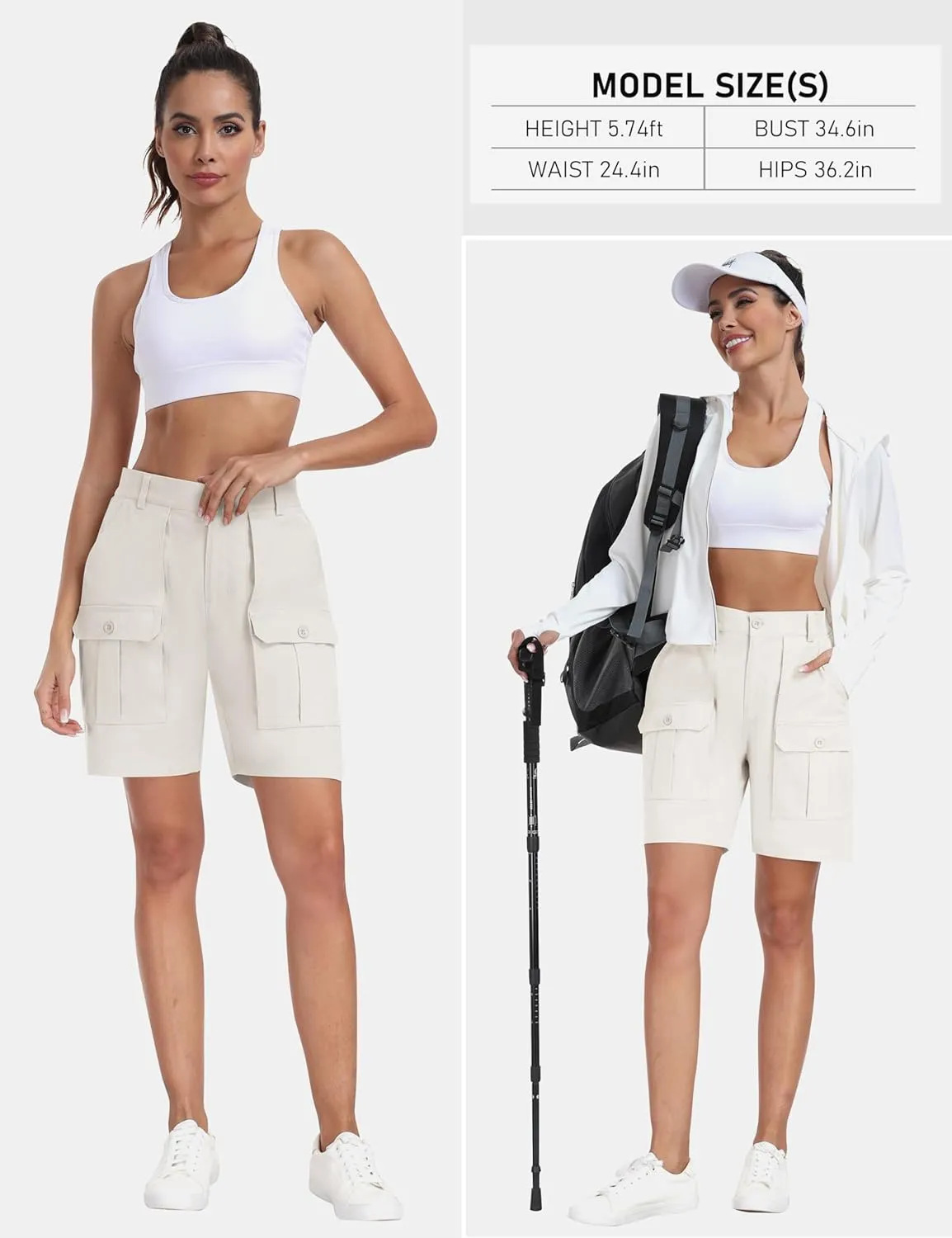 MoFiz Women's Cargo Bermuda Shorts Long Cotton Hiking Twill Chino Shorts Elastic Waist for Summer Casual Golf Travel Outdoor