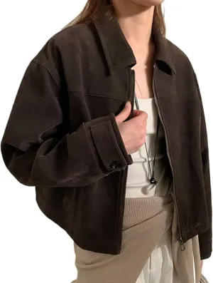 MOLERFO Suede Jacket Y2k Outerwear Faux Leather Cropped Brown Jacket Women Fall Jackets Fashion 2024 Trendy Bomber Jacket