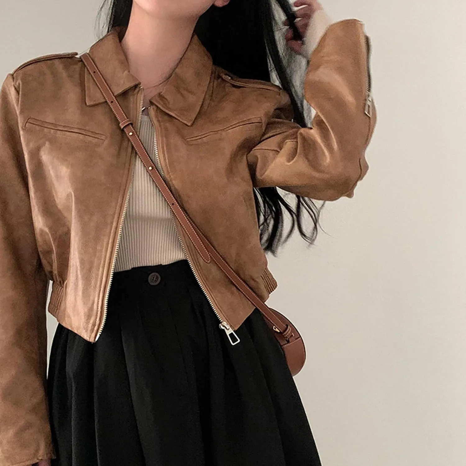 Muineobuka Women Faux Leather Crop Jacket Long Sleeve Lapel Collar Zipper Moto Biker Short Coat Y2k Slim PU Jacket Outwear