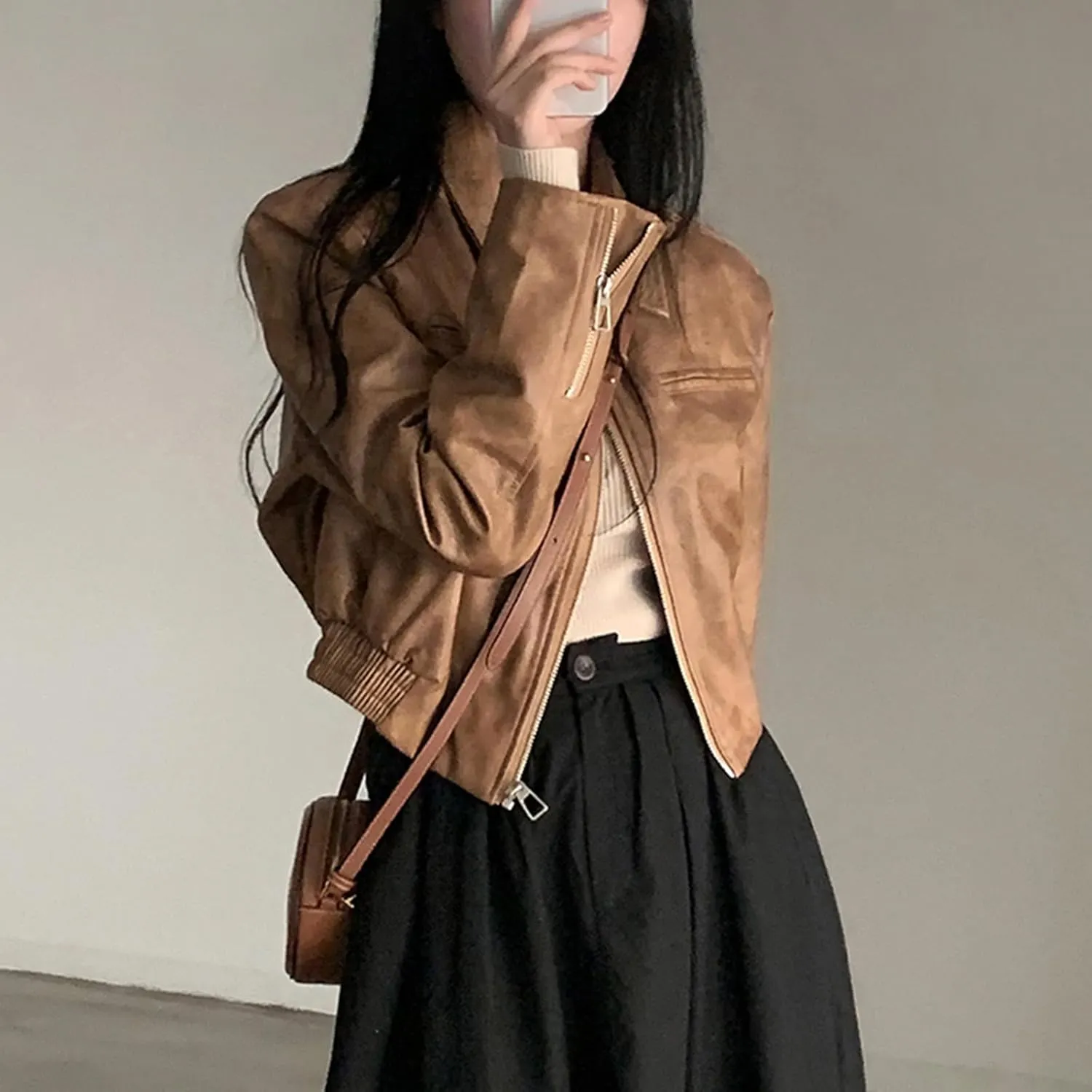 Muineobuka Women Faux Leather Crop Jacket Long Sleeve Lapel Collar Zipper Moto Biker Short Coat Y2k Slim PU Jacket Outwear