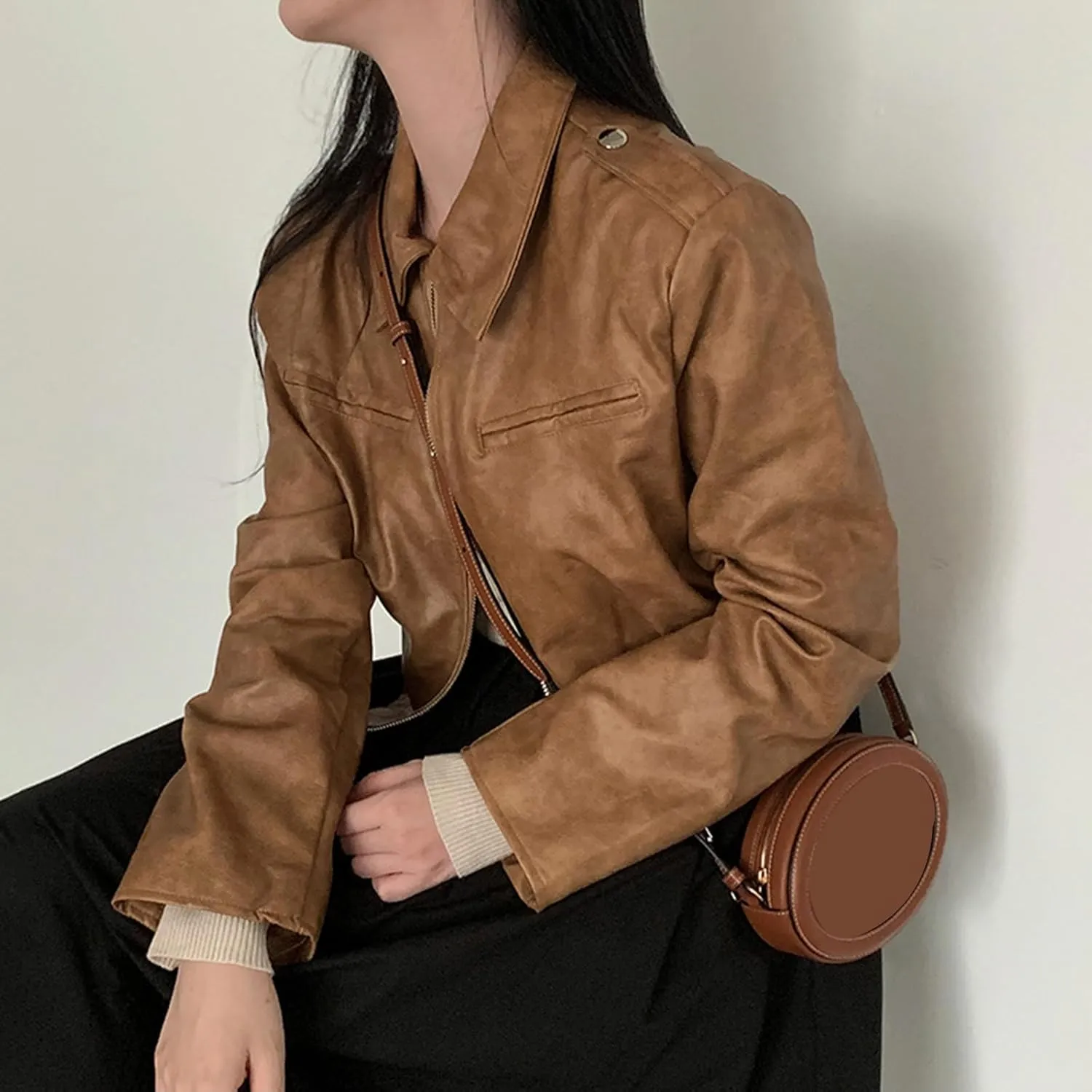 Muineobuka Women Faux Leather Crop Jacket Long Sleeve Lapel Collar Zipper Moto Biker Short Coat Y2k Slim PU Jacket Outwear