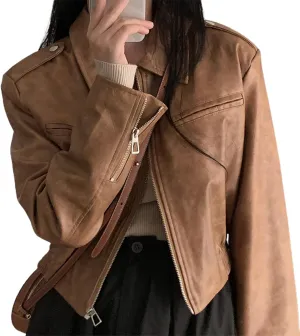 Muineobuka Women Faux Leather Crop Jacket Long Sleeve Lapel Collar Zipper Moto Biker Short Coat Y2k Slim PU Jacket Outwear