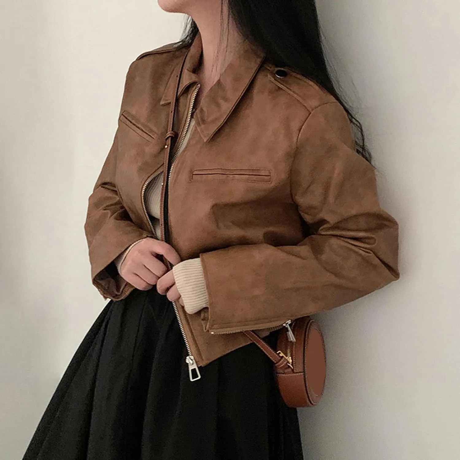 Muineobuka Women Faux Leather Crop Jacket Long Sleeve Lapel Collar Zipper Moto Biker Short Coat Y2k Slim PU Jacket Outwear