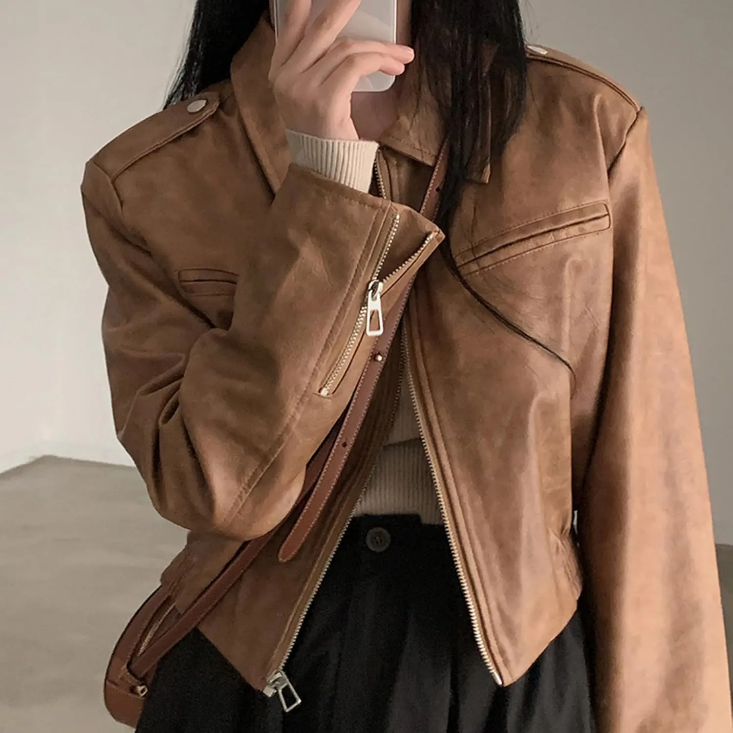 Muineobuka Women Faux Leather Crop Jacket Long Sleeve Lapel Collar Zipper Moto Biker Short Coat Y2k Slim PU Jacket Outwear