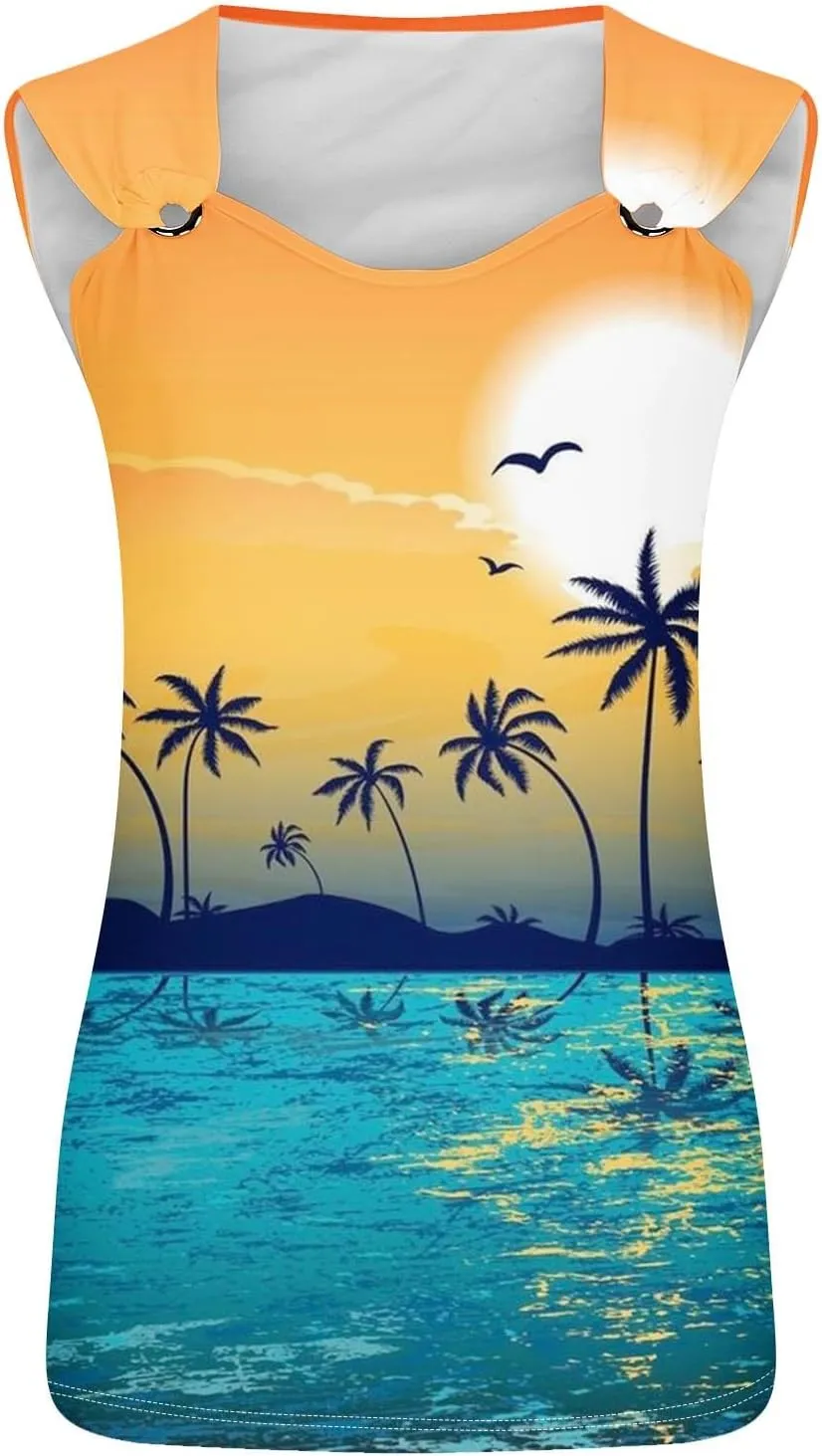 Mzkdieey Women's Sunset Beach Palm Tree Tank Tops Sexy Hollow Out Sweet O Ring Camisole Summer Hawaiian Beach Tee Shirts