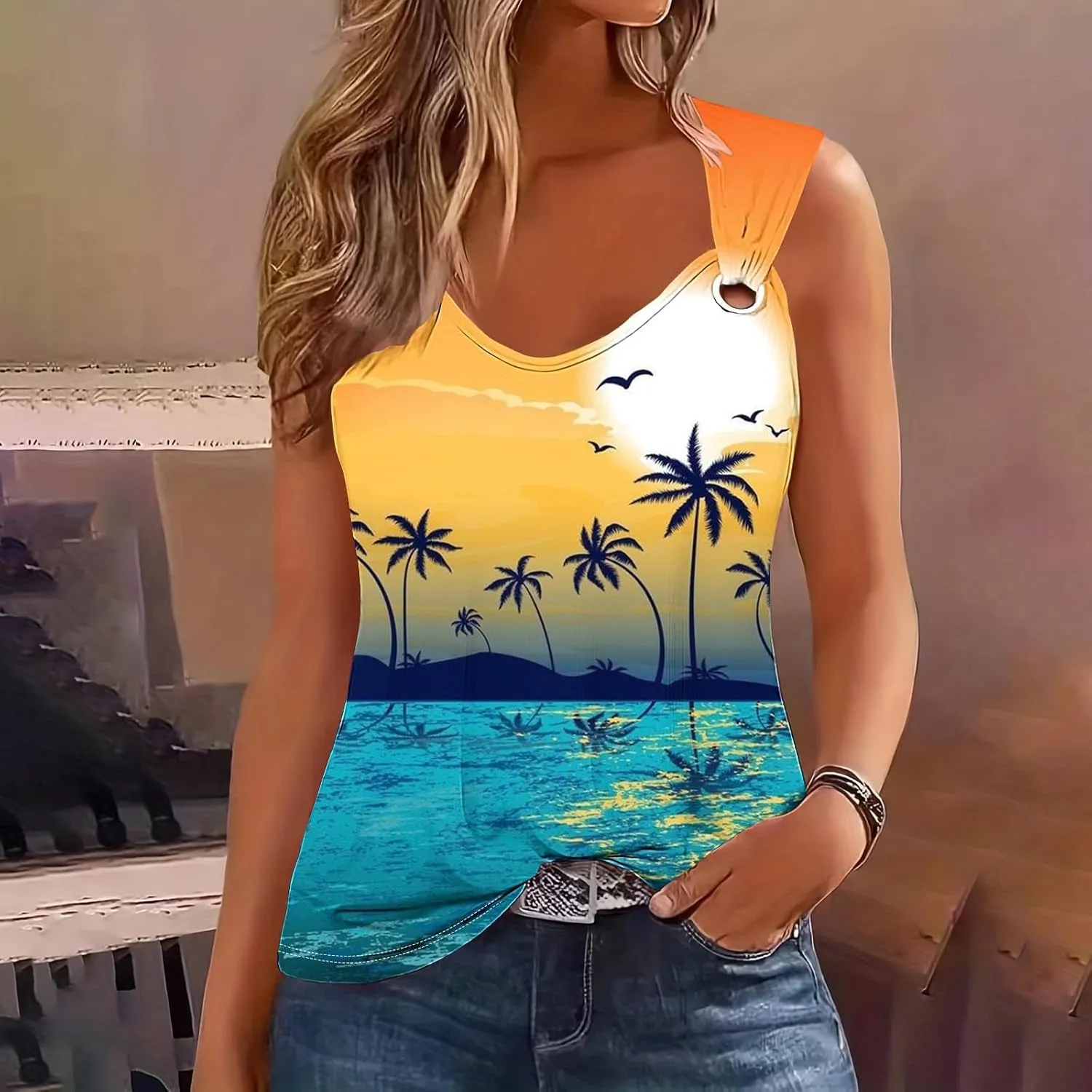 Mzkdieey Women's Sunset Beach Palm Tree Tank Tops Sexy Hollow Out Sweet O Ring Camisole Summer Hawaiian Beach Tee Shirts