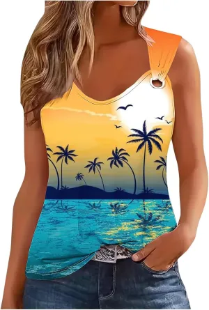 Mzkdieey Women's Sunset Beach Palm Tree Tank Tops Sexy Hollow Out Sweet O Ring Camisole Summer Hawaiian Beach Tee Shirts