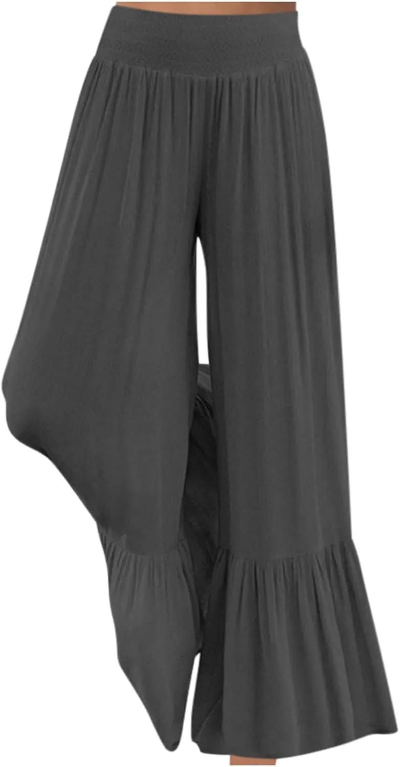 NATHGAM Women's Solid Wide Straight Leg Flared Pants Summer Lightweight Cotton Linen Elastic High Waist Soft Comfy Trousers