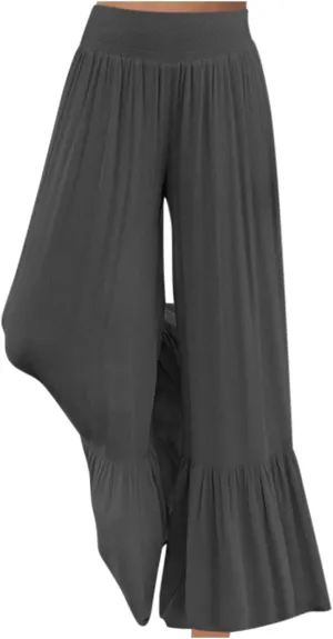 NATHGAM Women's Solid Wide Straight Leg Flared Pants Summer Lightweight Cotton Linen Elastic High Waist Soft Comfy Trousers