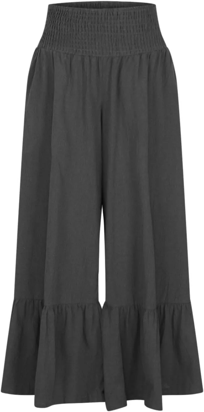 NATHGAM Women's Solid Wide Straight Leg Flared Pants Summer Lightweight Cotton Linen Elastic High Waist Soft Comfy Trousers