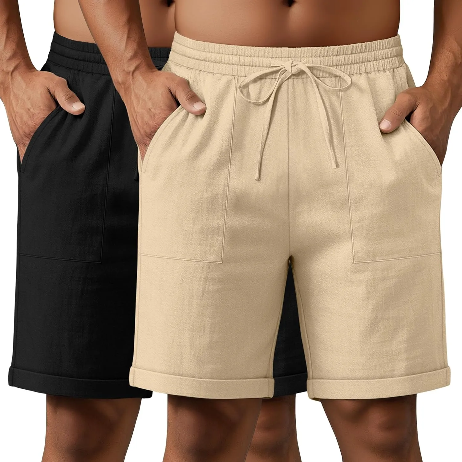 Neer 2 Pack Men's Cotton Linen Bermuda Flat Front Shorts, 7" Casual Elastic Waist Drawstring Summer Beach Shorts with Pockets