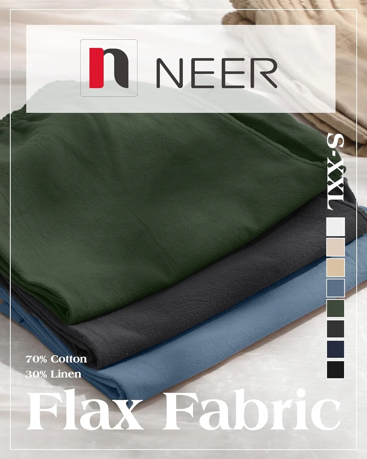 Neer 2 Pack Men's Cotton Linen Bermuda Flat Front Shorts, 7" Casual Elastic Waist Drawstring Summer Beach Shorts with Pockets