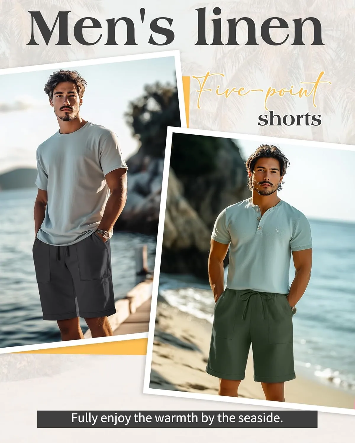 Neer 2 Pack Men's Cotton Linen Bermuda Flat Front Shorts, 7" Casual Elastic Waist Drawstring Summer Beach Shorts with Pockets