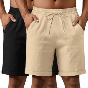 Neer 2 Pack Men's Cotton Linen Bermuda Flat Front Shorts, 7" Casual Elastic Waist Drawstring Summer Beach Shorts with Pockets