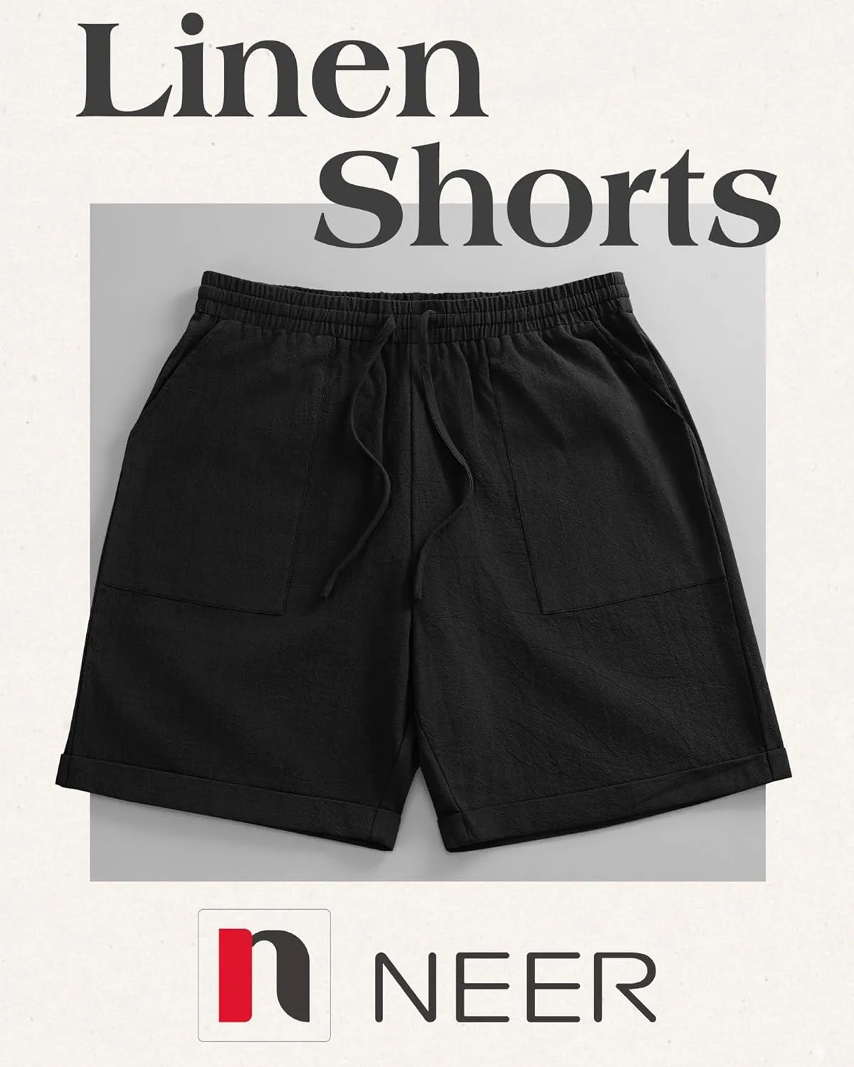Neer 2 Pack Men's Cotton Linen Bermuda Flat Front Shorts, 7" Casual Elastic Waist Drawstring Summer Beach Shorts with Pockets