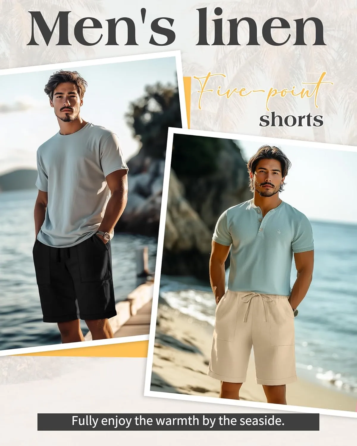 Neer 2 Pack Men's Cotton Linen Bermuda Flat Front Shorts, 7" Casual Elastic Waist Drawstring Summer Beach Shorts with Pockets