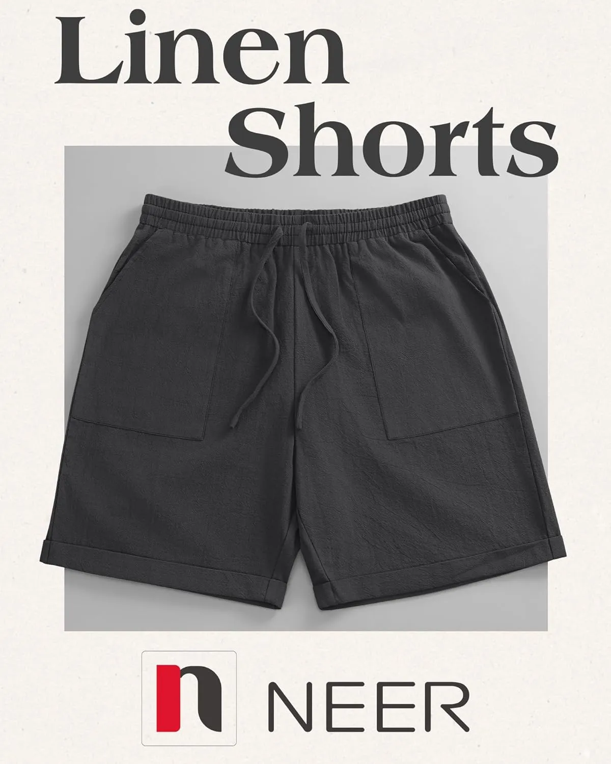 Neer 2 Pack Men's Cotton Linen Bermuda Flat Front Shorts, 7" Casual Elastic Waist Drawstring Summer Beach Shorts with Pockets
