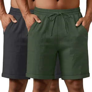 Neer 2 Pack Men's Cotton Linen Bermuda Flat Front Shorts, 7" Casual Elastic Waist Drawstring Summer Beach Shorts with Pockets