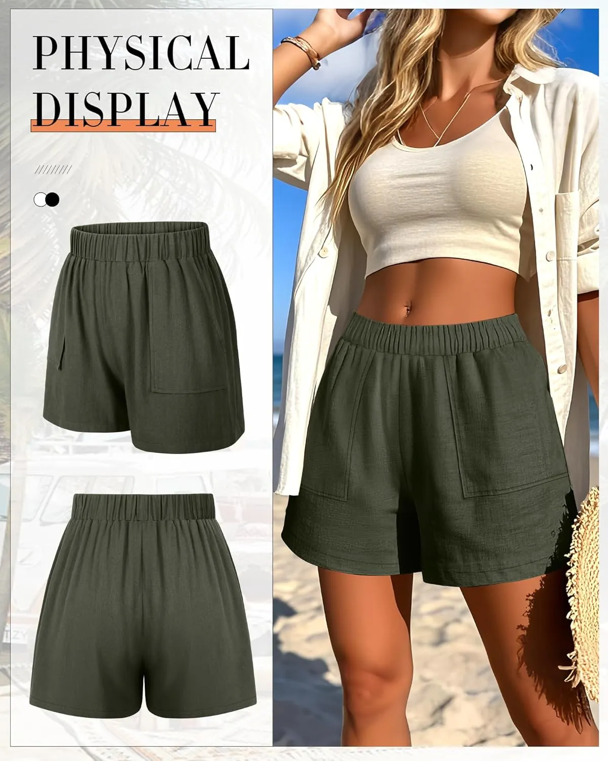 Neer 2 Pack Women's Linen Shorts Elastic Waist Casual Comfy Summer Pull on Beach Shorts with Patch Pocket