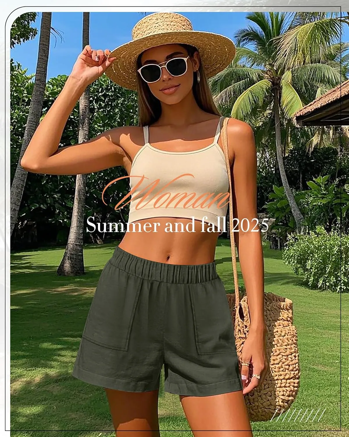 Neer 2 Pack Women's Linen Shorts Elastic Waist Casual Comfy Summer Pull on Beach Shorts with Patch Pocket