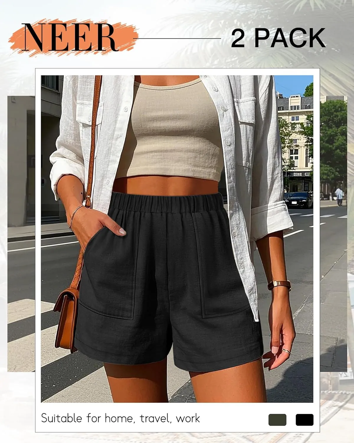 Neer 2 Pack Women's Linen Shorts Elastic Waist Casual Comfy Summer Pull on Beach Shorts with Patch Pocket