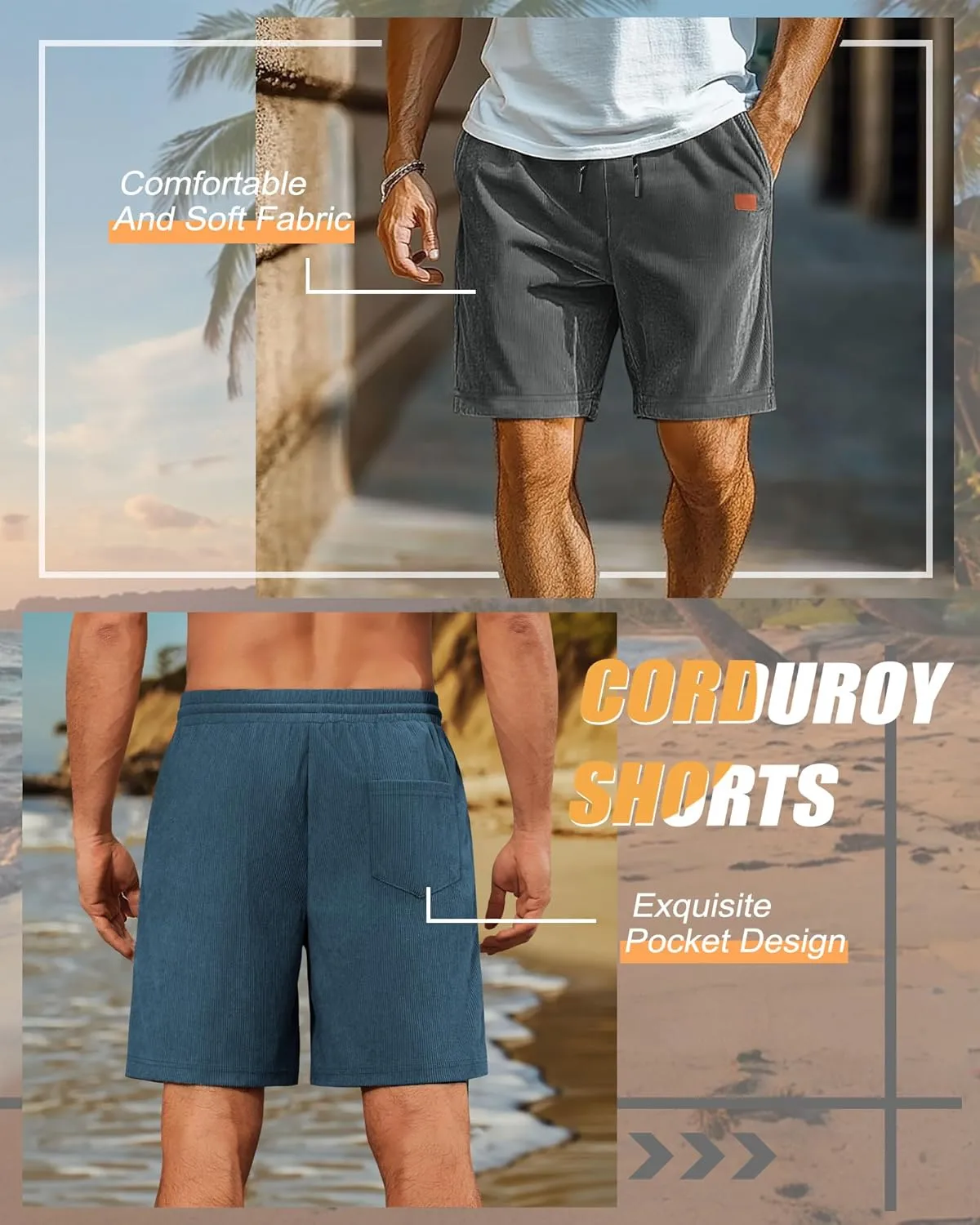 Neer 3 Pack Men's Corduroy Shorts, Casual Elastic Waist Drawstring Shorts Lightweight Summer Stretch Beach Short with Pockets