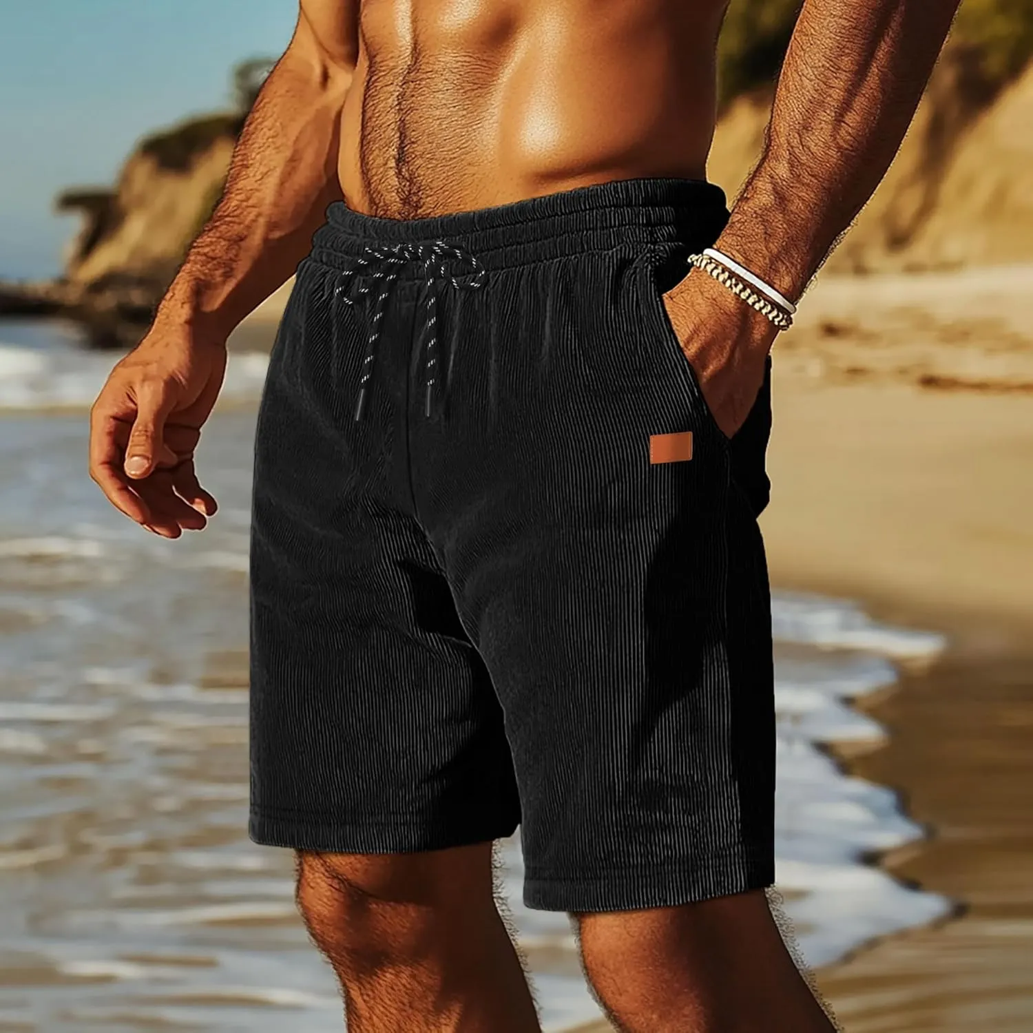 Neer 3 Pack Men's Corduroy Shorts, Casual Elastic Waist Drawstring Shorts Lightweight Summer Stretch Beach Short with Pockets