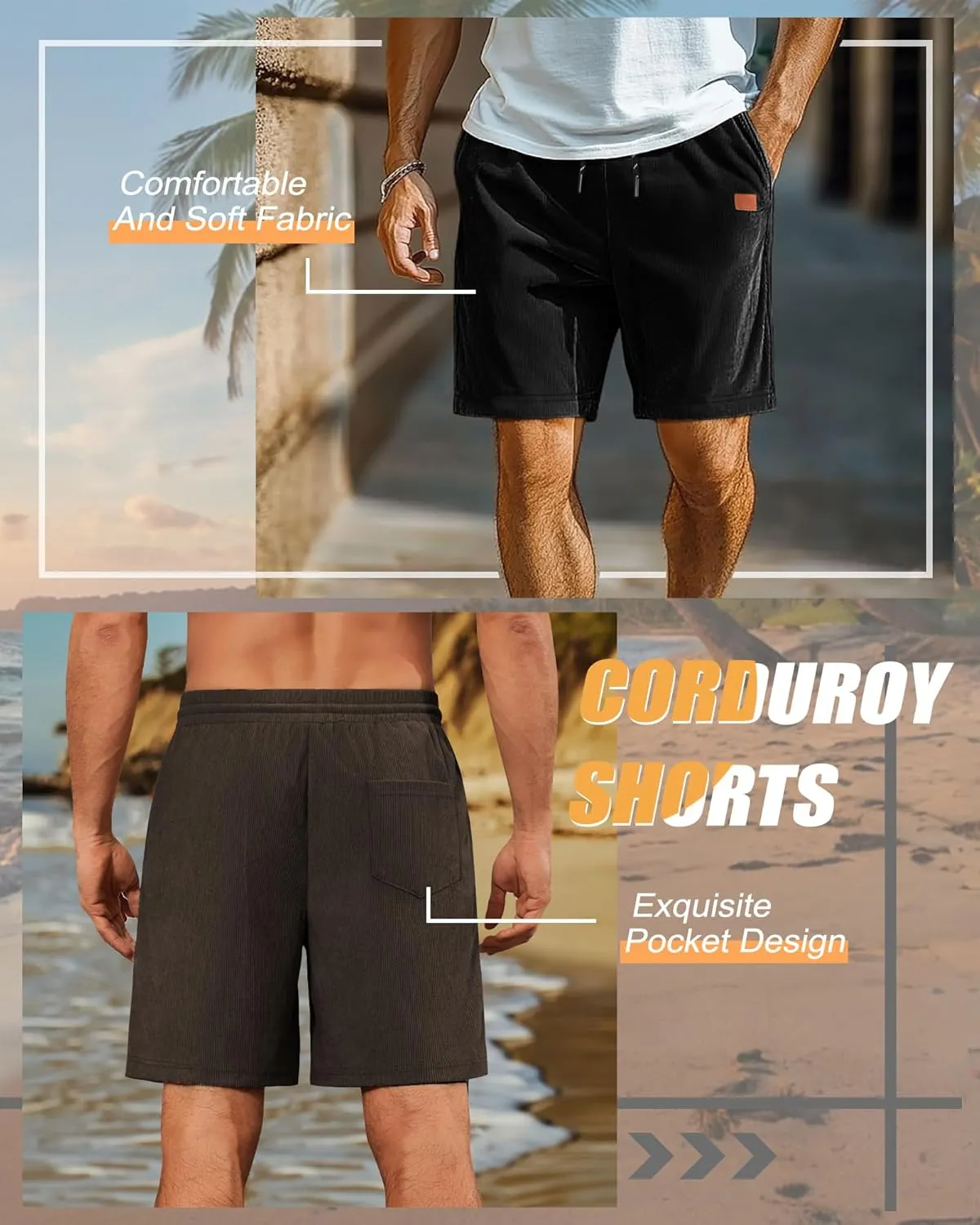 Neer 3 Pack Men's Corduroy Shorts, Casual Elastic Waist Drawstring Shorts Lightweight Summer Stretch Beach Short with Pockets