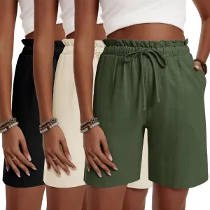 Neer 3 Pack Women's Linen Bermuda Shorts Summer Wide Leg Cotton Casual High Waist Drawstring Mid Length Shorts with Pockets