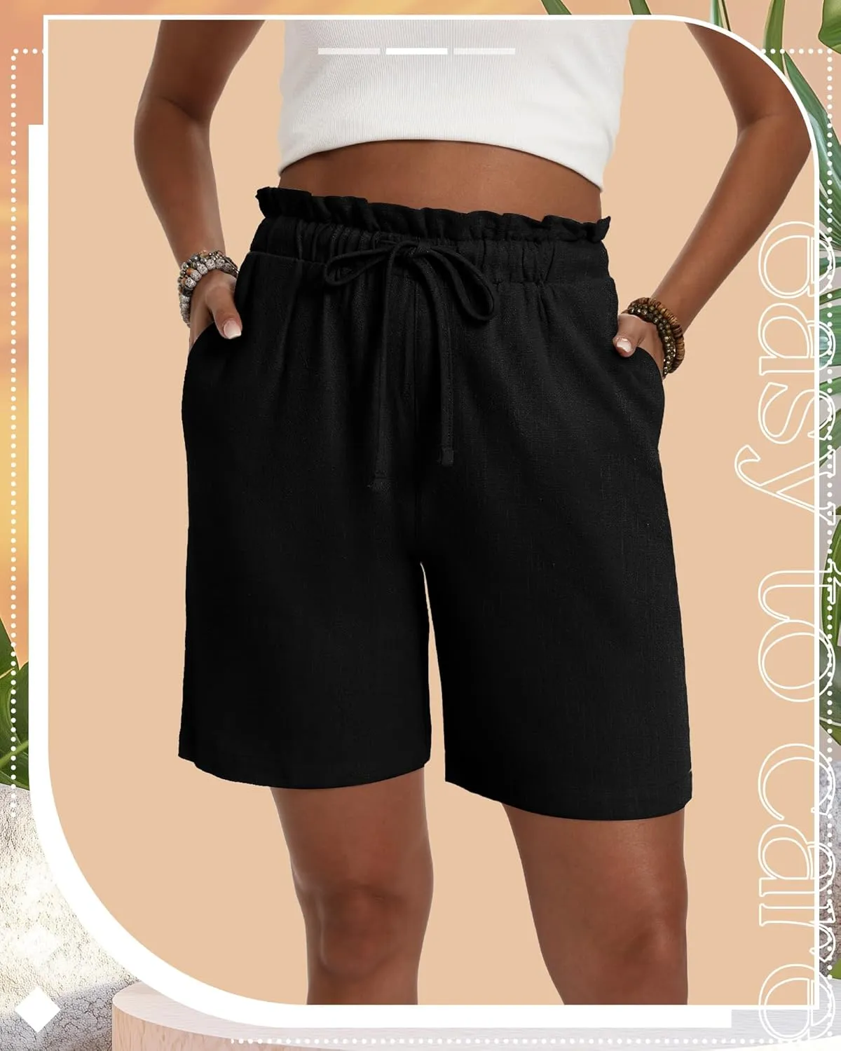 Neer 3 Pack Women's Linen Bermuda Shorts Summer Wide Leg Cotton Casual High Waist Drawstring Mid Length Shorts with Pockets