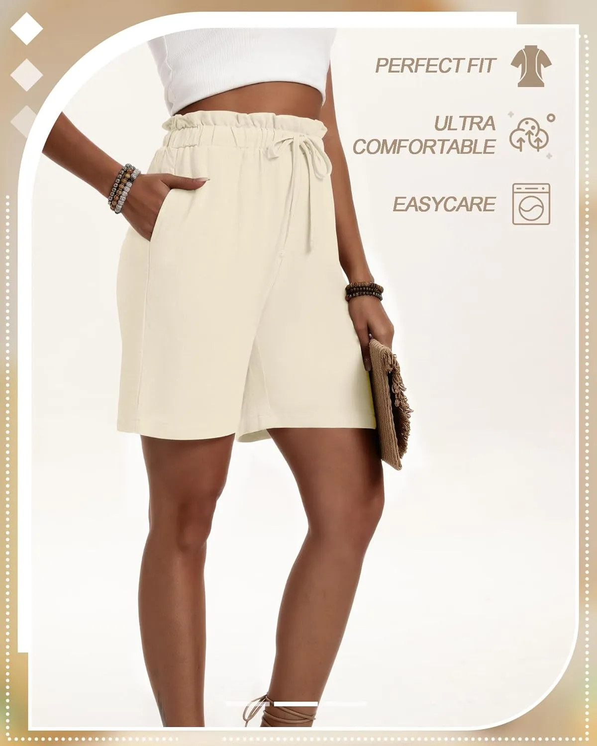 Neer 3 Pack Women's Linen Bermuda Shorts Summer Wide Leg Cotton Casual High Waist Drawstring Mid Length Shorts with Pockets