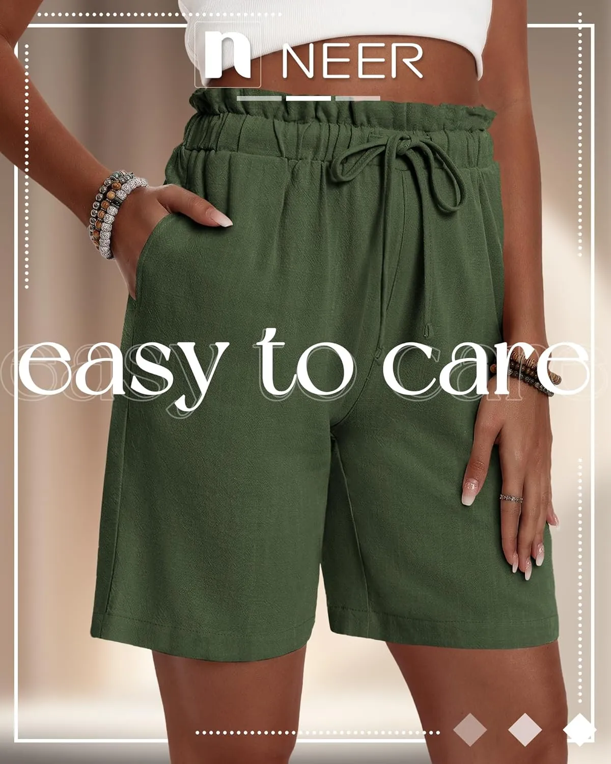 Neer 3 Pack Women's Linen Bermuda Shorts Summer Wide Leg Cotton Casual High Waist Drawstring Mid Length Shorts with Pockets