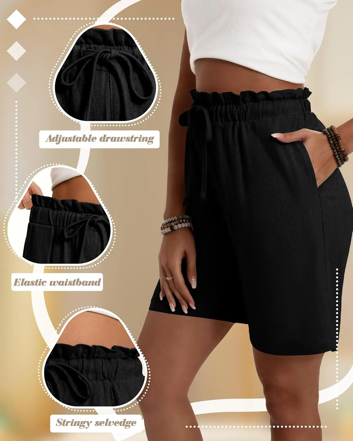 Neer 3 Pack Women's Linen Bermuda Shorts Summer Wide Leg Cotton Casual High Waist Drawstring Mid Length Shorts with Pockets