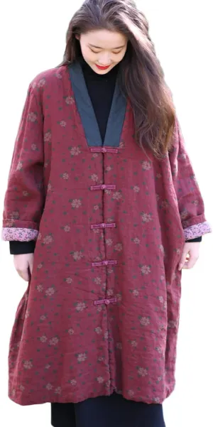 NFYM Womens Winter Warm Soft Kimono Jackets Floral Printed Patchwork Cotton Quilted Padded Long Loose Outwear Coats