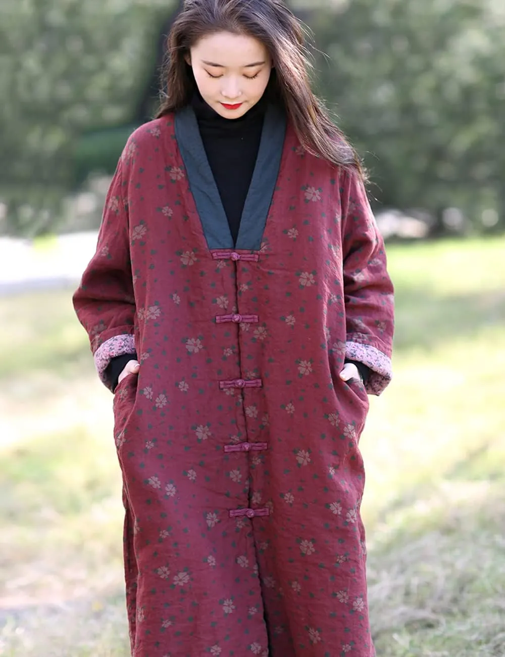NFYM Womens Winter Warm Soft Kimono Jackets Floral Printed Patchwork Cotton Quilted Padded Long Loose Outwear Coats