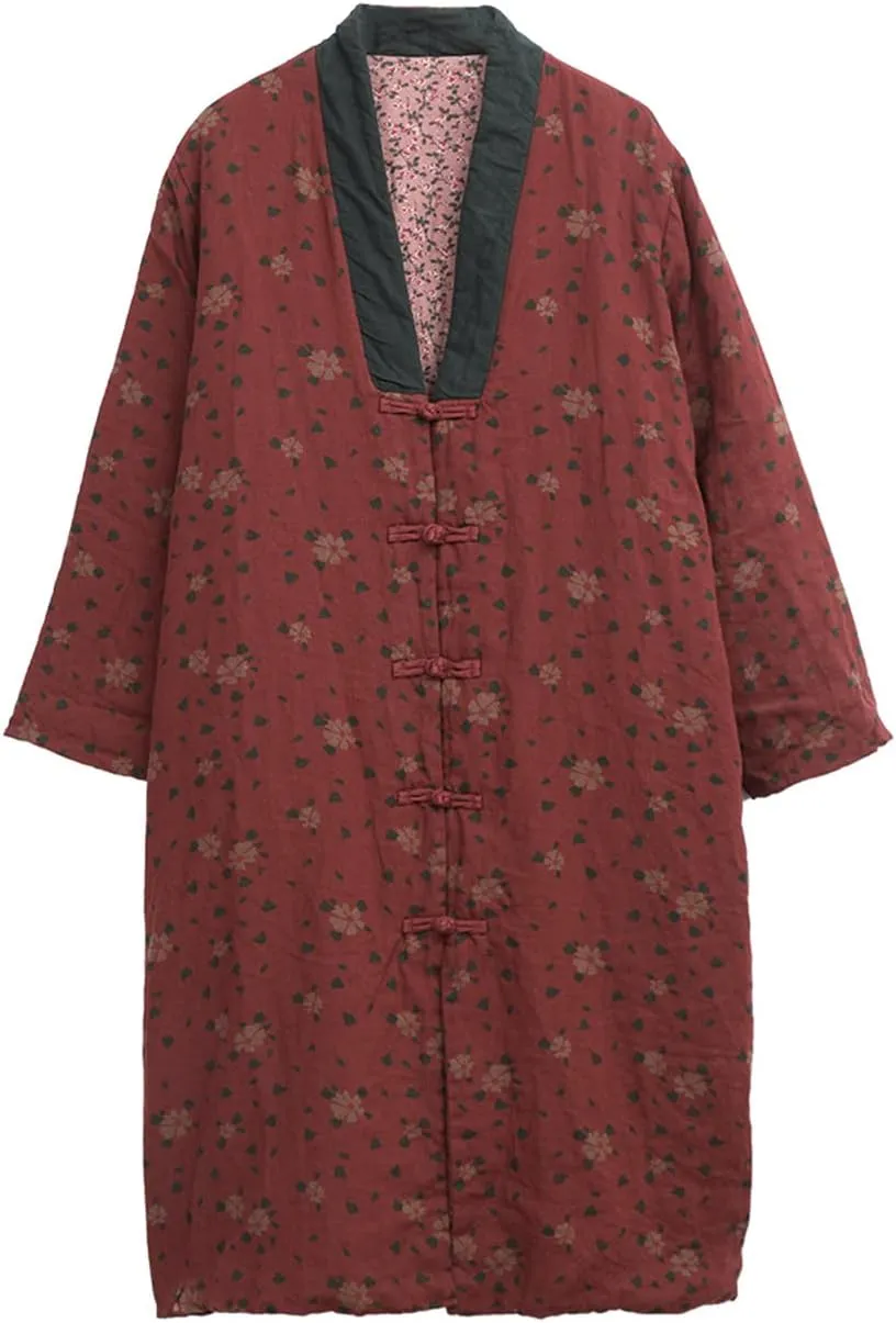 NFYM Womens Winter Warm Soft Kimono Jackets Floral Printed Patchwork Cotton Quilted Padded Long Loose Outwear Coats